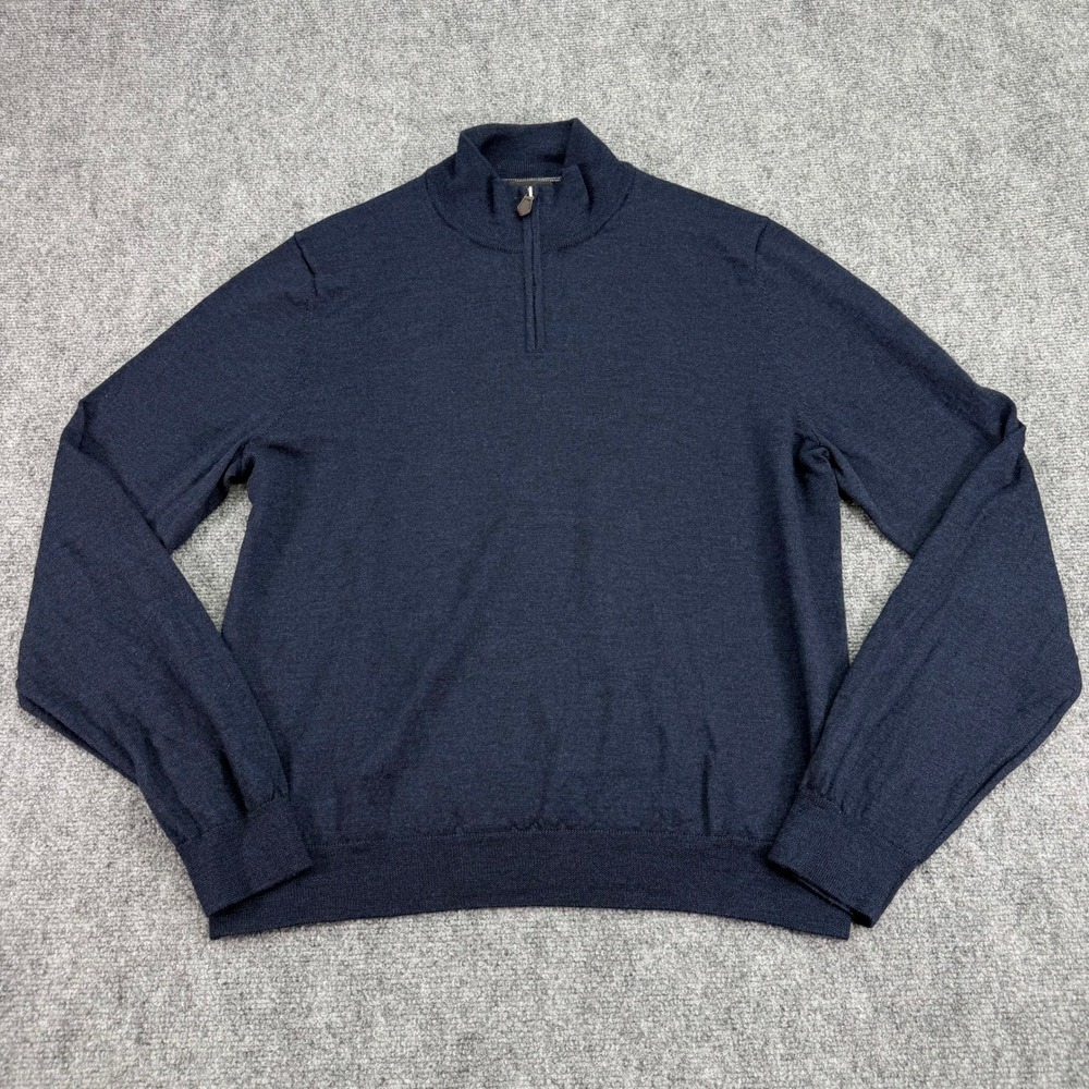 Bloomingdales Sweater Men XL Navy Blue 100% Merino Wool Quarter Zip Leather Trim